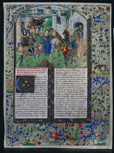 Leaf from Jehan de Courcy's "Chronique Universelle": King Priam Meets Helen and Paris..., c. 1470. Creator: Unknown