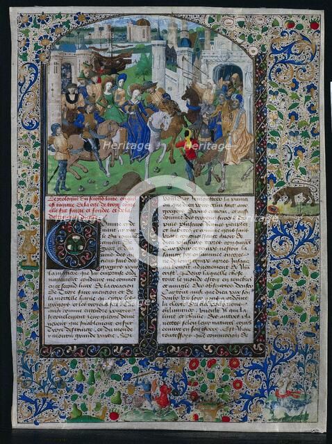 Leaf from Jehan de Courcy's "Chronique Universelle": King Priam Meets Helen and Paris..., c. 1470. Creator: Unknown.