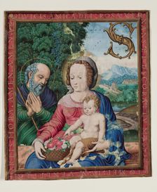 Leaf Fragment with Framed Miniature with Holy Family and Initial "S", 16th century. Creator: Unknown