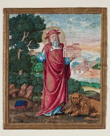 Leaf Fragment with Framed Miniature with Saint Jerome Holding Model Church, 16th century. Creator: Unknown