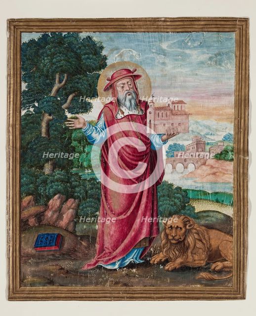 Leaf Fragment with Framed Miniature with Saint Jerome Holding Model Church, 16th century. Creator: Unknown.