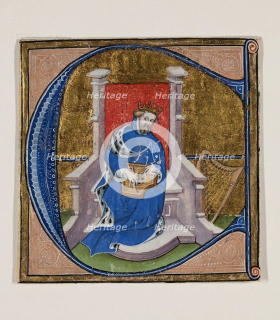 Leaf Fragment with Historiated "E" with King David Playing Psaltery, 15th century. Creator: Unknown.