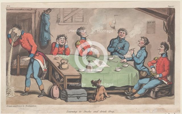 Learning to Smoke and Drink Grog, from "The Military Adventures of Johnny Newcome", 1815., 1815. Creator: Thomas Rowlandson.