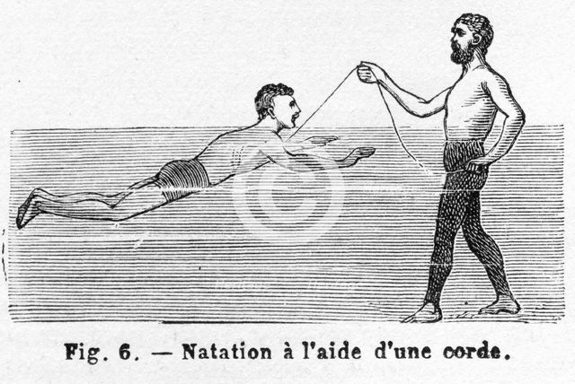 Learning to Swim using a Cord, pub. 1885 (engraving), 1885. Creator: French School (19th Century).