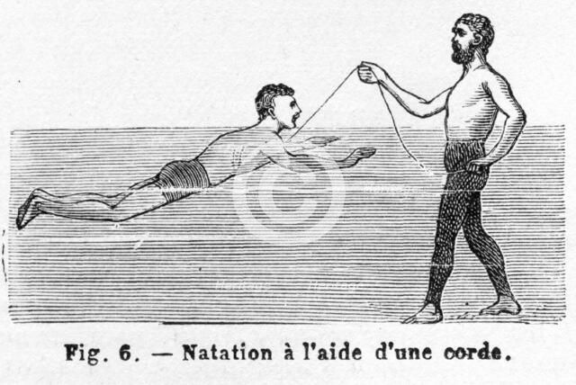 Learning to Swim using a Cord, pub. 1885 (engraving), 1885. Creator: French School (19th Century).