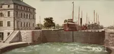 Leaving the Poe Lock, Sault Ste. Marie, Michigan, ca 1900. Creator: Unknown