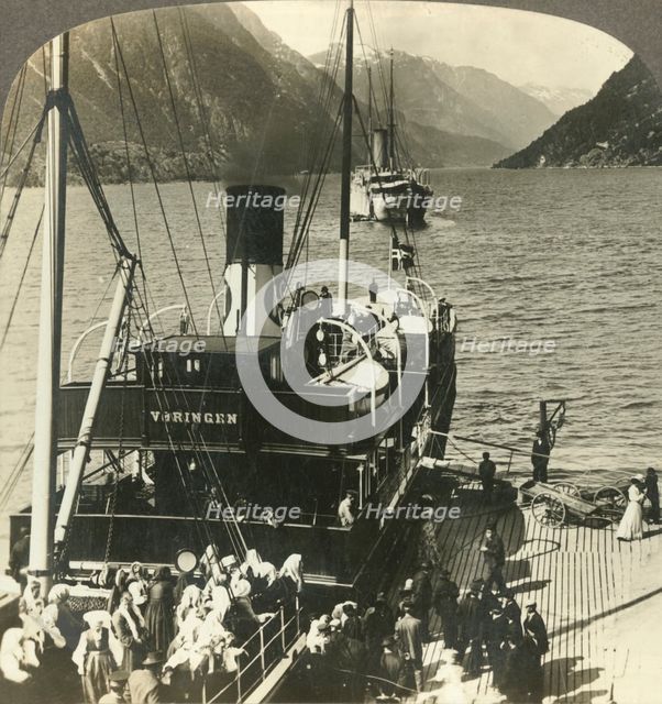 'Leaving Odde for an excursion down the picturesque mountain-walled Sorfjord, Norway', c1905. Creator: Unknown.