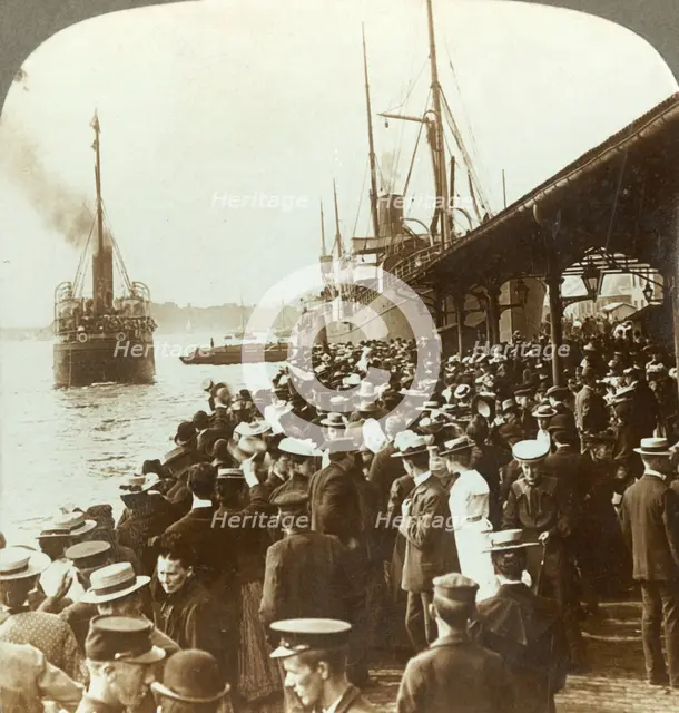'Leaving old home and friends - waving emigrants for America, Christiania, Norway', c1905. Creator: Unknown.