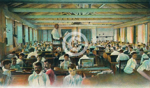 Lector reading to cigar rollers, Cigar Factory, Havana, Cuba, 1910s. Artist: Unknown