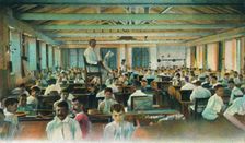 Lector reading to cigar rollers, Cigar Factory, Havana, Cuba, 1910s