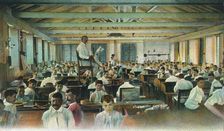 Lector reading to cigar rollers, Cigar Factory, Havana, Cuba, 1910s