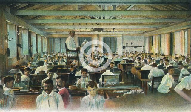 Lector reading to cigar rollers, Cigar Factory, Havana, Cuba, 1910s. Artist: Unknown
