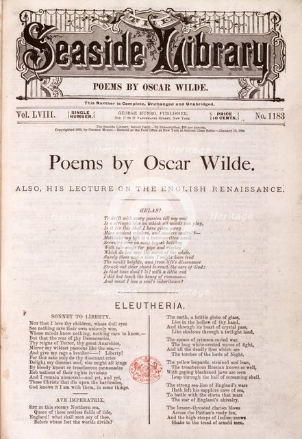 Lecture and poems by Oscar Wilde, 1882. Creator: Unknown.