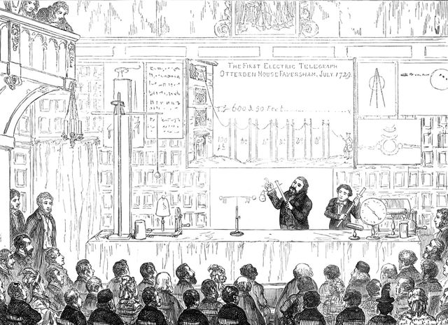 Lecture at the Charterhouse on Stephen Gray's discoveries in electricity, 1874. Creator: Unknown.