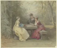 Lecture in the park, three young ladies in Watteau-esque costumes sit around a..., 19th century. Creator: Philipp Rumpf