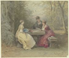 Lecture in the park, three young ladies in Watteau-esque costumes sit around a..., 19th century. Creator: Philipp Rumpf