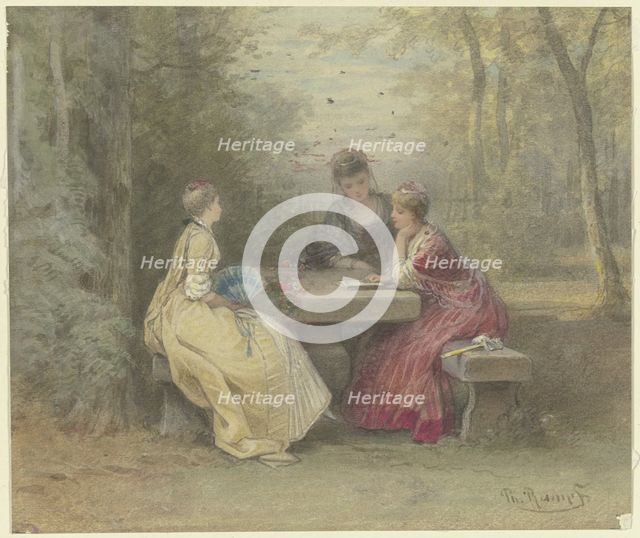 Lecture in the park, three young ladies in Watteau-esque costumes sit around a..., 19th century. Creator: Philipp Rumpf.