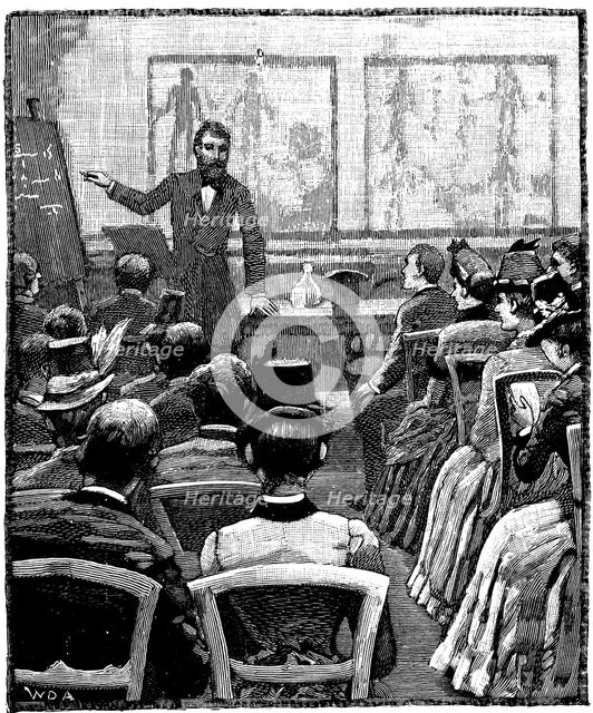 Lecture on physiology and hygiene at the YMCA, 1887. Artist: Unknown