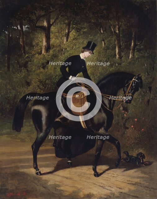 L'écuyère Kippler sur sa jument noire, c.1850. Creator: Alfred Dedreux.