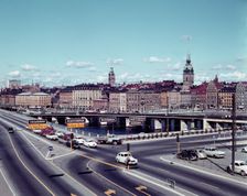 Left traffic over Vasabron, Sweden; with view towards Kornhamnstorg, Stockholm, 1960s. Creator: Unknown