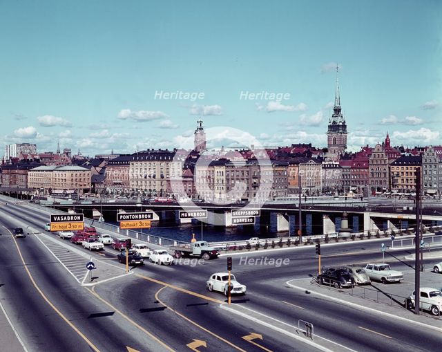 Left traffic over Vasabron, Sweden; with view towards Kornhamnstorg, Stockholm, 1960s.
 Creator: Unknown.