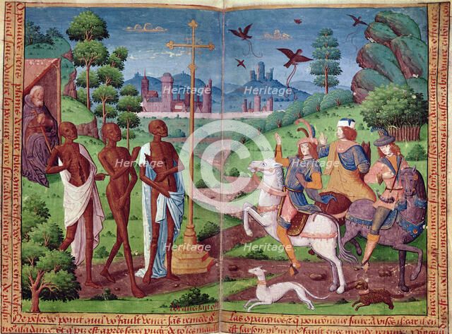 Legend of the three living and the three dead. Miniature in the Book of Hours of Charles V.