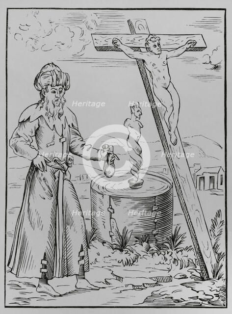 Legend of the Jew calling the devil from a vessel of blood, 1560, (1878).  Creator: Unknown.