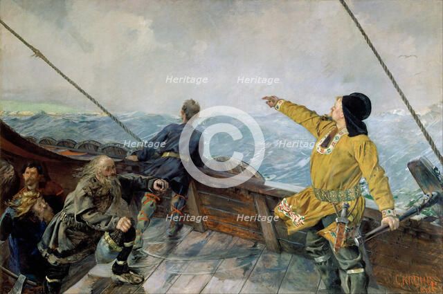 Leiv Eiriksson discovers America. Artist: Krohg, Christian (1852-1925)