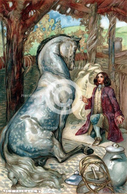 Lemuel Gulliver, set ashore after a mutiny, finds himself in kingdom of the Houyhnhns. Artist: Unknown