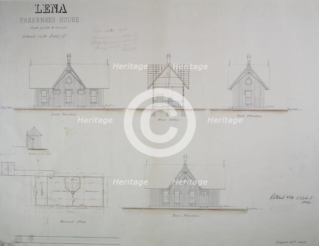 Lena Passenger House, Lena, Illinois, Plan, Elevations, and Sections, 1873. Creator: James Nocquel.