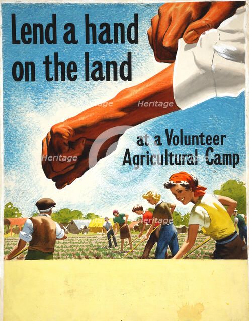 'Lend A Hand On The Land - at a Volunteer Agricultural Camp', World War II poster, c1939-c1945. Creator: John Nunney.