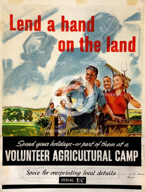 'Lend a hand on the land. Spend your holidays - or part of..., WWII poster, between 1939 and 1946. Creators: Central Office of Information, Michael O'Connell.