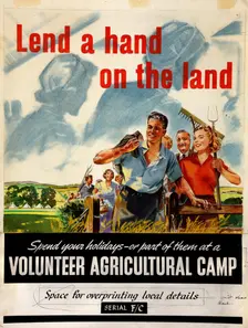 Lend a hand on the land. Spend your holidays - or part of..., WWII poster, between 1939 and 1946. Creators: Central Office of Information, Michael O'Connell
