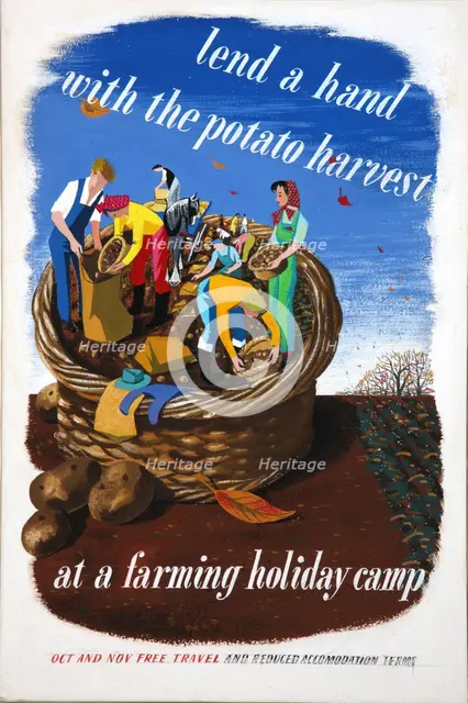 'Lend a hand with the potato harvest at a farming holiday camp...', WWII poster, between 1939 & 1946 Creator: Central Office of Information.