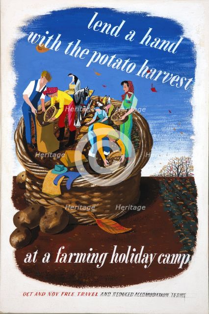 'Lend a hand with the potato harvest at a farming holiday camp...', WWII poster, between 1939 & 1946 Creator: Central Office of Information.