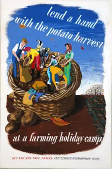 Lend a hand with the potato harvest at a farming holiday camp... WWII poster, between 1939 & 1946 Creator: Central Office of Information