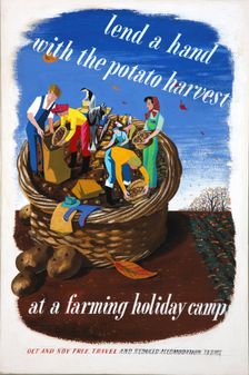 Lend a hand with the potato harvest at a farming holiday camp... WWII poster, between 1939 & 1946 Creator: Central Office of Information