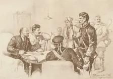 Lenin and Stalin Speaking to Red Guards in the Smolny, 1917 (1939). Creator: Pyotr Vasilyev