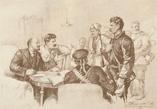 Lenin and Stalin Speaking to Red Guards in the Smolny, 1917 (1939). Creator: Pyotr Vasilyev