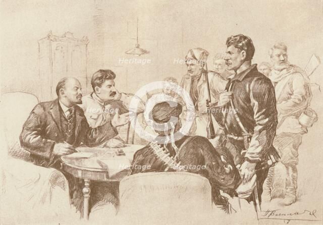 'Lenin and Stalin Speaking to Red Guards in the Smolny, 1917', (1939). Creator: Pyotr Vasilyev.