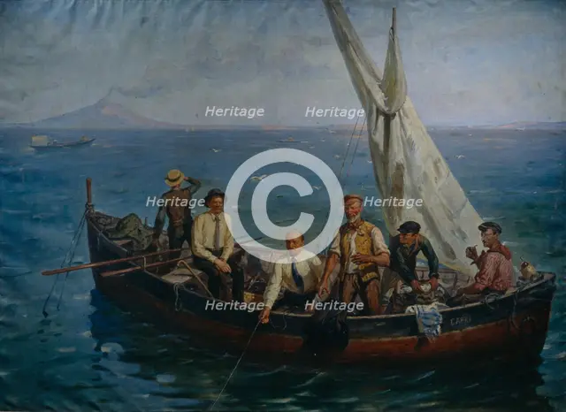Lenin and the author Maxim Gorky with the Fishermen at the Capri Island, 1946. Artist: Tcheptsov, Yefim Mikhailovich (1875-1950)