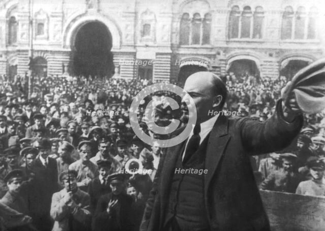 Lenin addressing a crowd in Red Square, Moscow, Russian Revolution, October 1917. Artist: Unknown