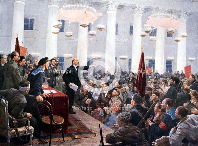 Lenin haranguing deputies of the 2nd Soviet Congress, Smolny Palace, St Petersburg, 1917. Artist: Unknown