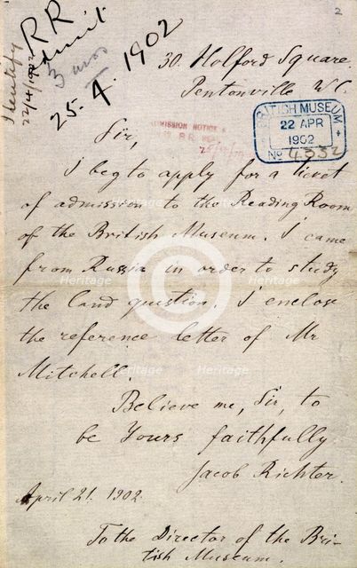 Lenin's letter applying for a ticket to the British Museum's Reading Room, 21 April 1902.  Creator: Vladimir Ilich Lenin.