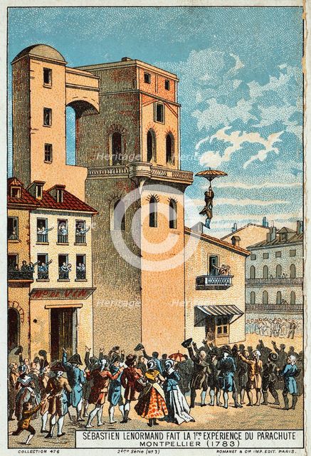 Lenormand jumps from the tower of the Montpellier observatory, 1783, 19th century. Artist: Anonymous  