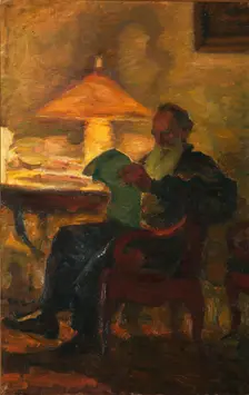 Leo Tolstoy with a newspaper 1901. Creator: Pasternak, Leonid Osipovich (1862-1945)