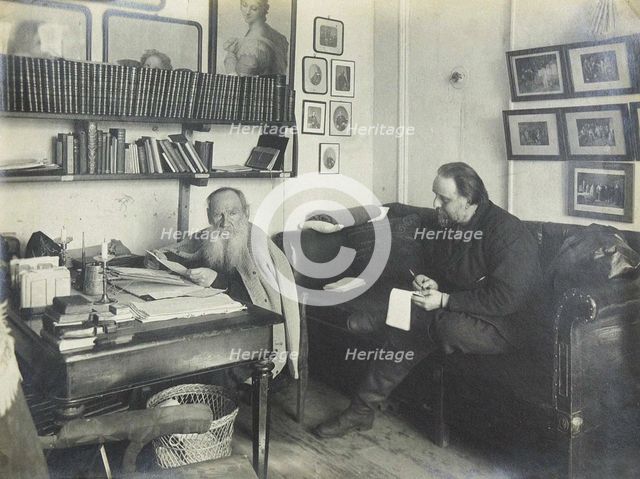 Leo Tolstoy with his secretary Vladimir Chertkov at the Yasnaya Polyana on 29 March 1909, 1909.