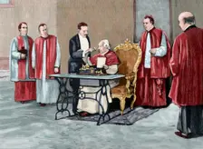 Leo XIII directs a phonograph message to the American Catholic people...jubilee, 1892. Creator: Rico