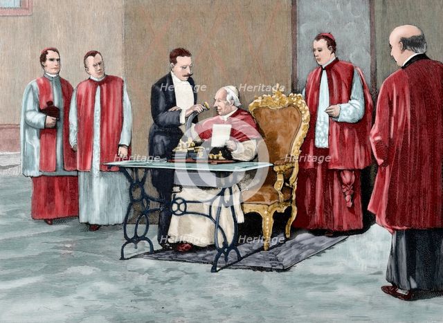 Leo XIII directs a phonograph message to the American Catholic people...jubilee, 1892.  Creator: Rico.