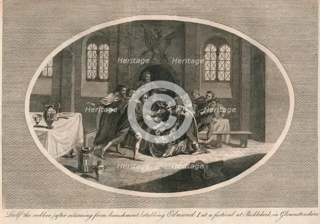Leofa the robber stabbing Edmund I at a festival at Pucklekirk, Gloucestershire 946 (1793). Artist: Unknown.